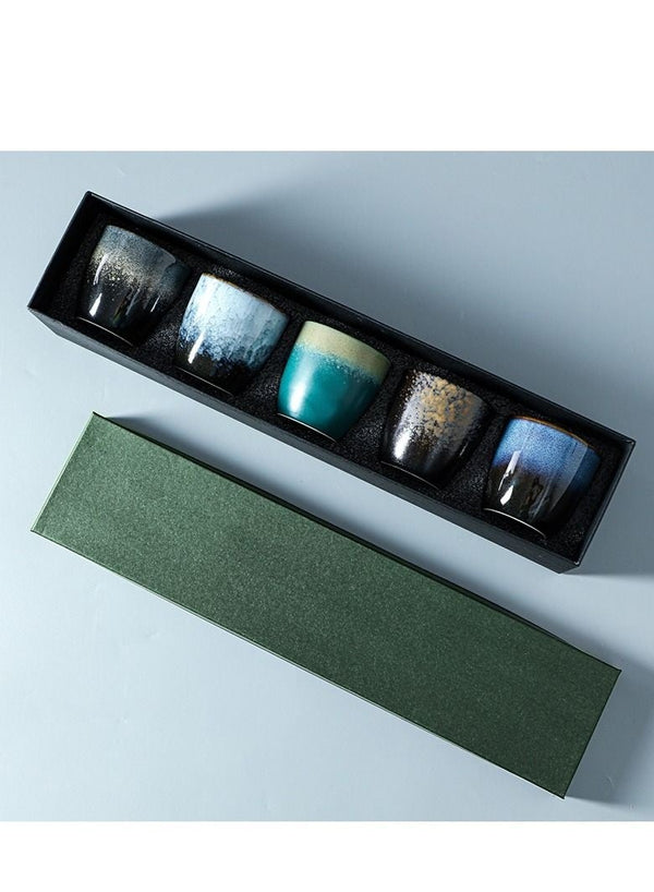 WALALLA Set of 5 Ceramic Teacup Espresso Coffee Cup Porcelain Tea Cup Set Chinese Kung Fu Bowl Drinkware Box Package for Gifts 150ml