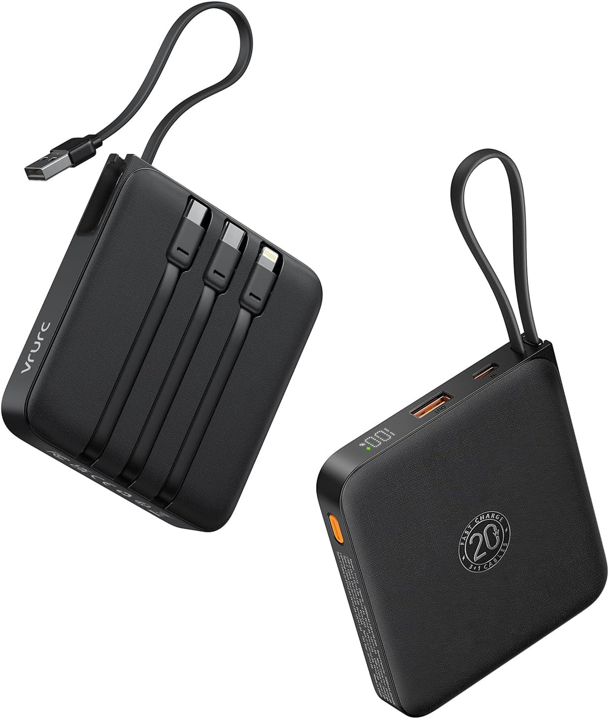 VRURC 20000mAh Power Bank with Built-in Cables, 22.5W Fast Charging Phone Portable Charger, USB C Ba